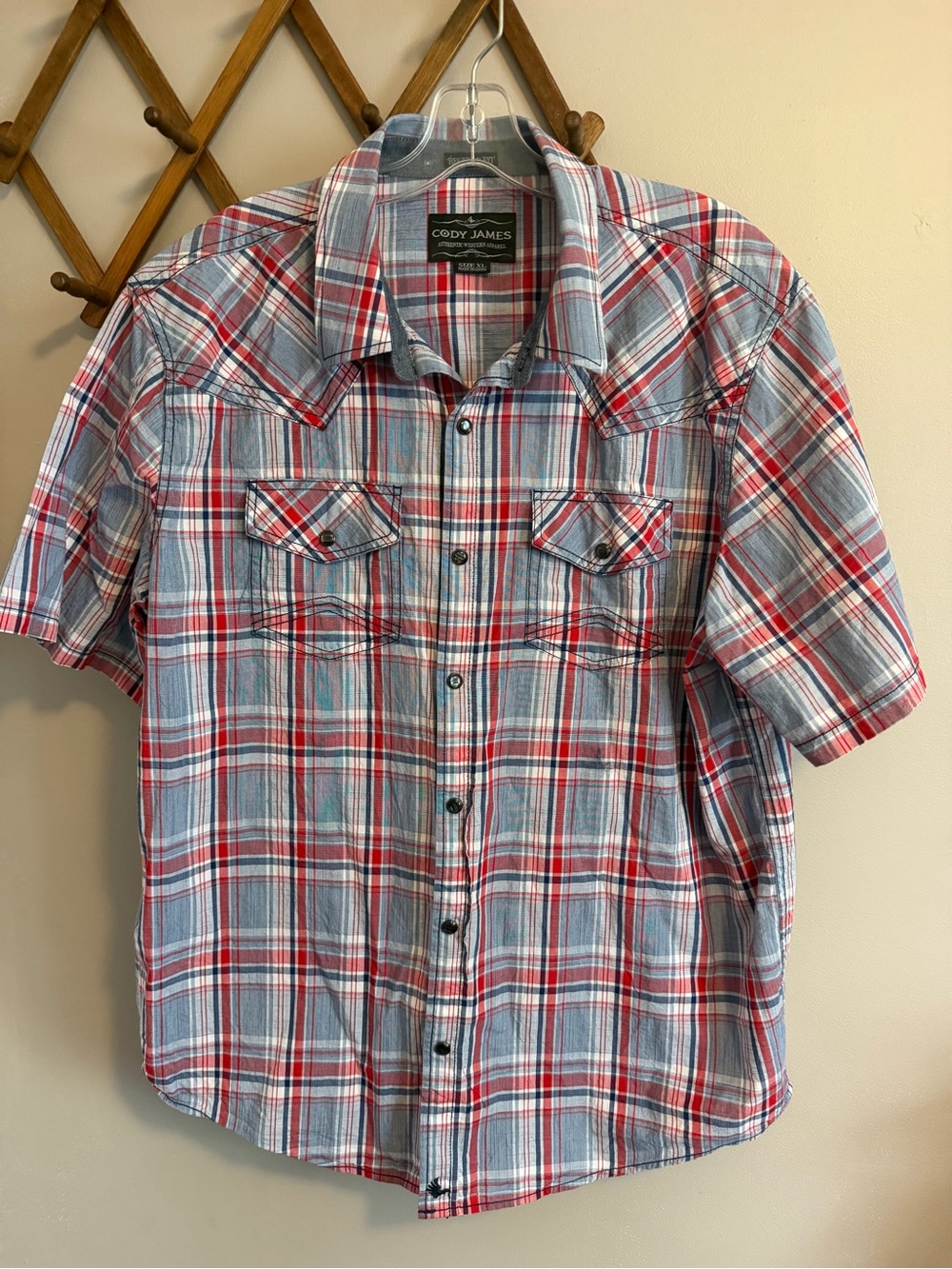 Cody James Mens Western Plaid Pearl Snap Short Sleeve Shirt Red Blue XL